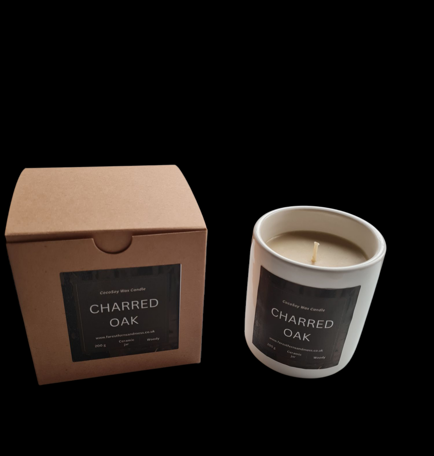 WHITE CERAMIC CANDLE - CHARRED OAK