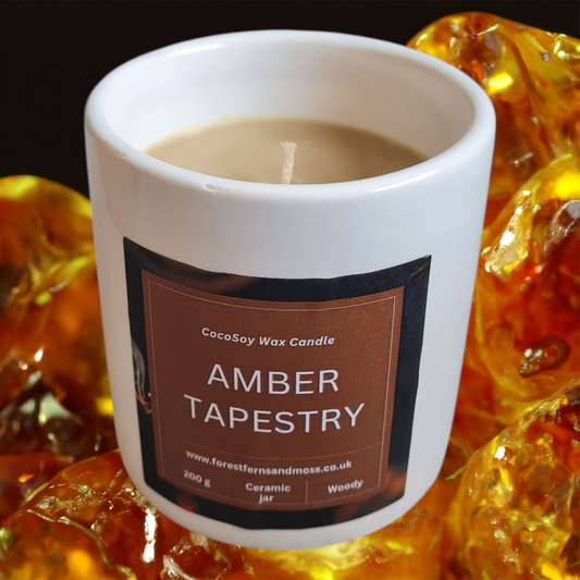 WHITE CERAMIC CANDLE - AMBER TAPESTRY