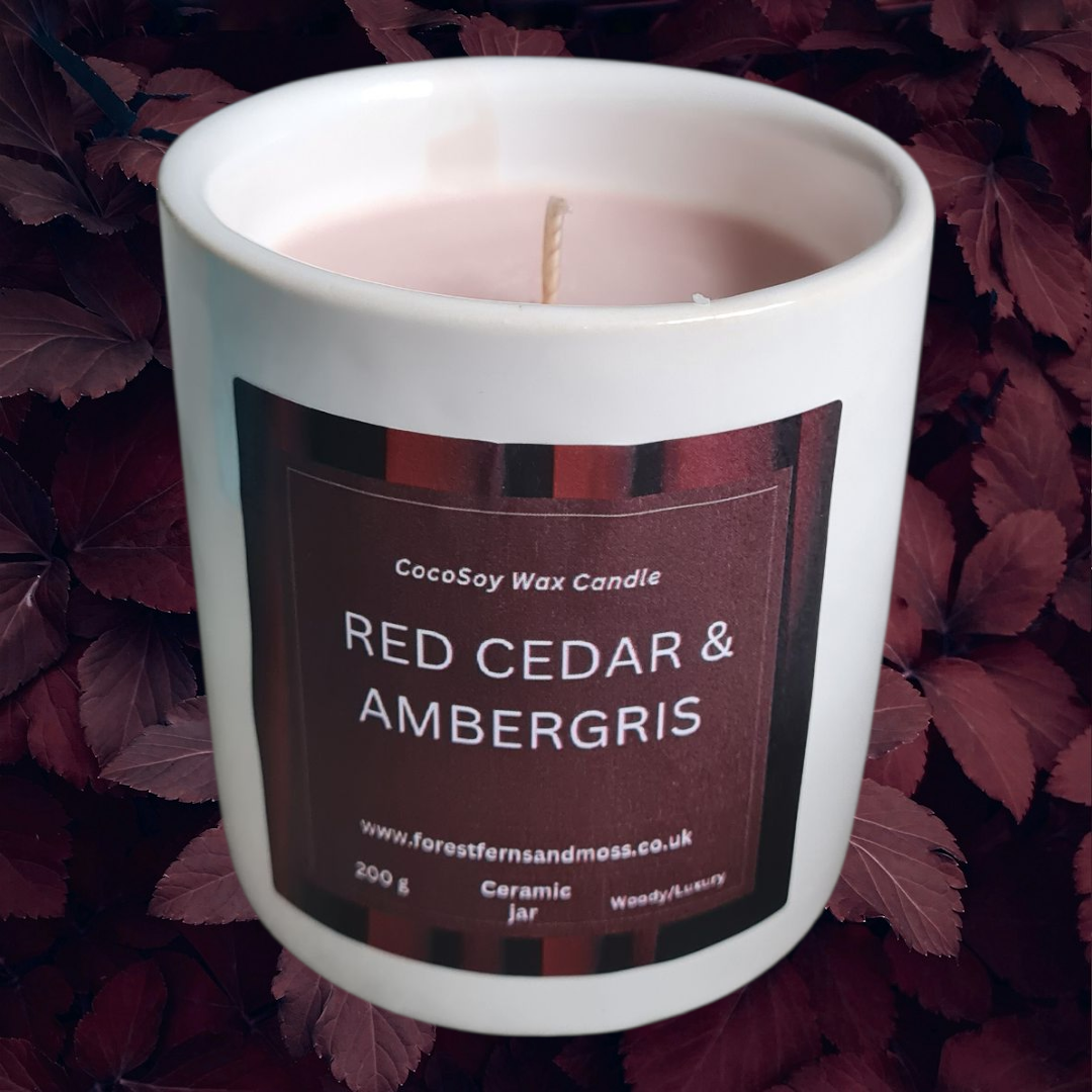 WHITE CERAMIC CANDLE - RED CEDAR & AMBERGRIS